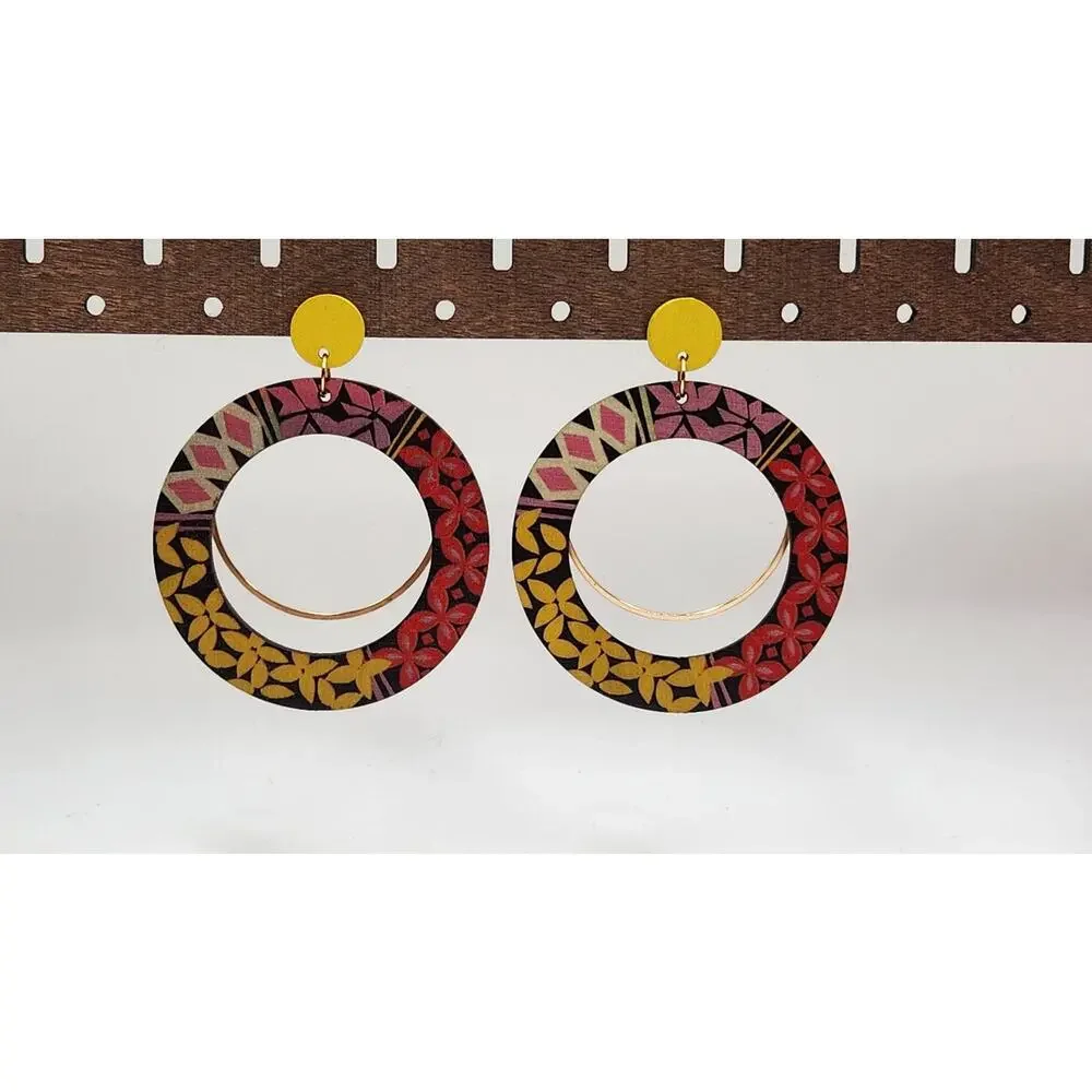 Boho Round Open Hoop Geometric Pattern Mixed Media Wood Statement Earrings